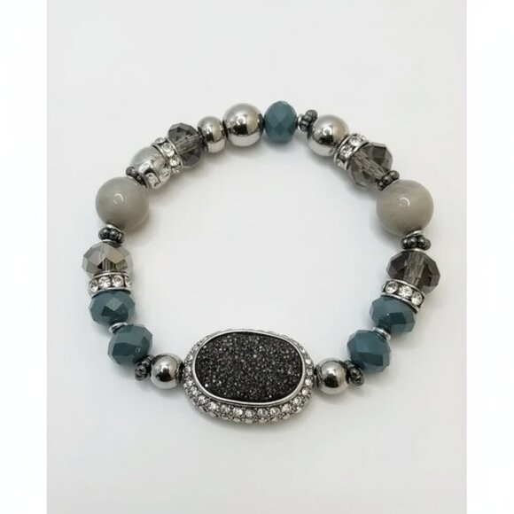 💎 Chico's Metallic Drusy Glass Beaded Stretch Bracelet - Blues & Grays - Picture 5 of 7